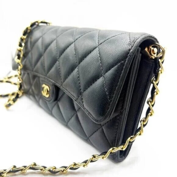 CHANEL Lambskin Quilted Leather Wallet Chain Flap Black Purse Tote - Picture 6 of 10